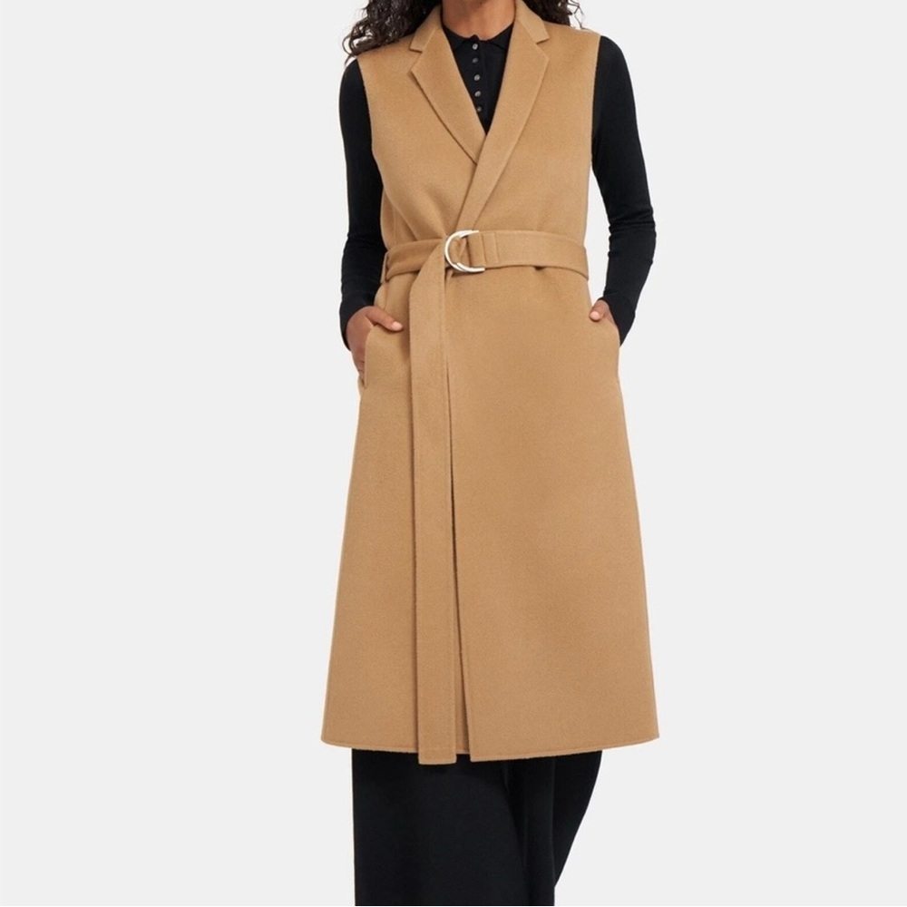 Theory Long Clairene Tan Wool Cashmere Sleeveless Belted Coat Size Petite